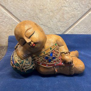 Vintage Jeweled Carved Wooden Folk Art Sleeping Thai Boy on Watermelon Figurine